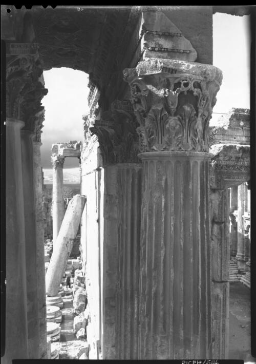 The Fallen Column Baalbek, Temple of Bacchus [detail of fluted columns and their richly carved Corinthian detail] [picture] : [Lebanon, World War II] / [Frank Hurley]