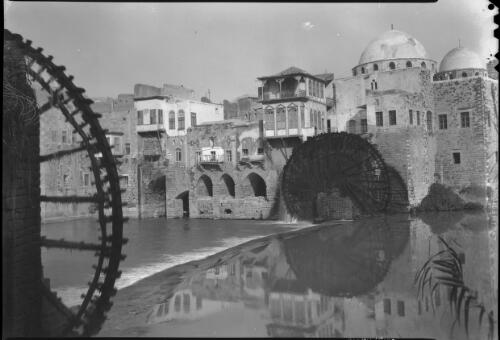 Waterwheels in the Orontes Hama [view across river to turning waterwheel, with medieval buildings built along the riverbanks] [picture] : [Syria, World War II] / [Frank Hurley]