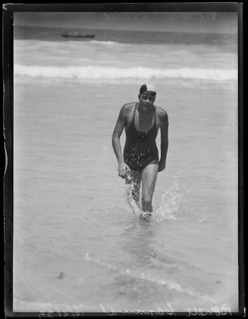 Swimmer Victor Besamo walking out of the water at a Bondi Carnival, New South Wales, 16 February 1933 [picture]