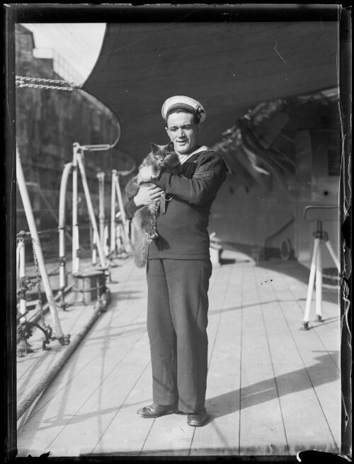 Naval sailor holding a cat onboard H.M.S. Hood, New South Wales, ca. 1934 [picture]