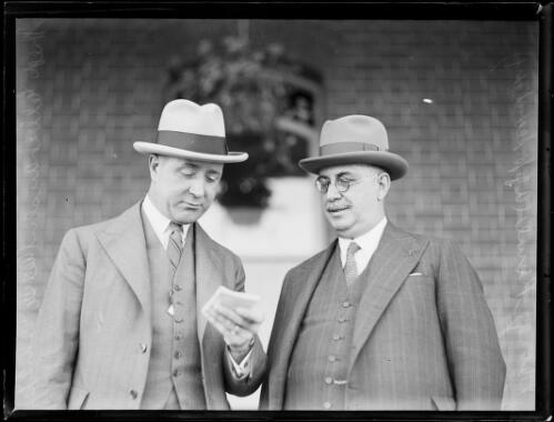 Assistant Secretary of the Victoria Amateur Turf Club Fred Elbehaussen with Secretary of the Australian Jockey Club Mr George T. Rowe, New South Wales, 1 January 1934 [picture]