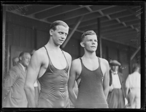 Swimmers Noel Ryan and Claes Arne Borg wearing swimsuits, New South Wales, ca. 1923 [picture]
