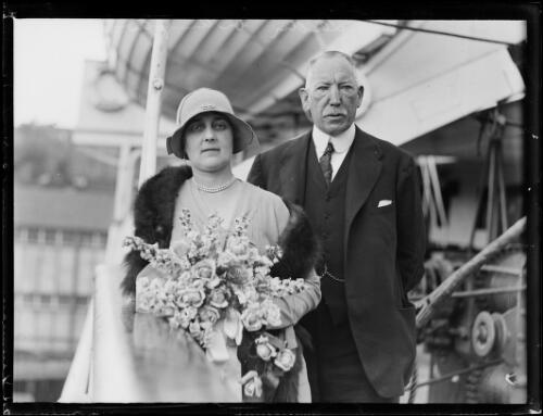 Prime Minister of Northern Ireland Lord Craigavon and Lady Craigavon on deck of the ship Aorangi, New South Wales, 15 November 1929 [picture] / Baden H. Mullaney