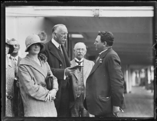 Prime Minister of Northern Ireland Lord Craigavon and Lady Craigavon talking with another man on the deck of the ship Aorangi, New South Wales, 15 November 1929 [picture]