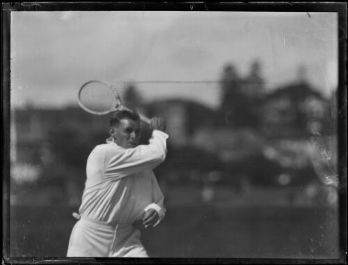 Tennis player Edgar F. Moon swinging his racquet, New South Wales, 17 September 1930 [picture]
