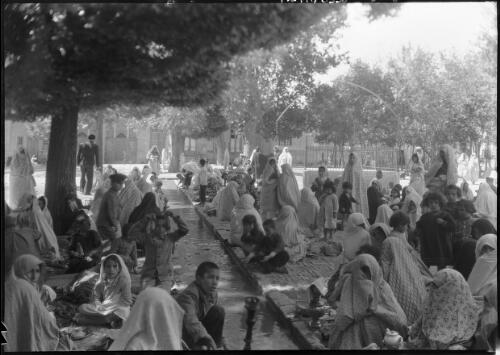 A group of women and children gathered under the trees, on either side of a channel of water, Iran, ca. 1943 [picture] / [Frank Hurley]