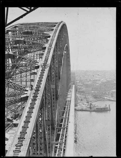 Completed arch of the Sydney Harbour Bridge from atop the bridge, New South Wales, ca. 1930 [picture]