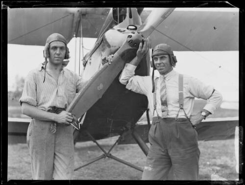 Aviators David Smith and Walter Shiers standing in front of a De Havilland Gipsy Moth? at Mascot Aerodrome?, New South Wales, 21 March 1930 [picture]
