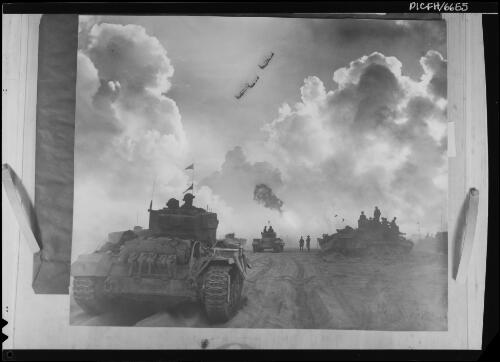 Dawn of El Alamein Battle, tanks waiting to advance [picture] / [Frank Hurley]