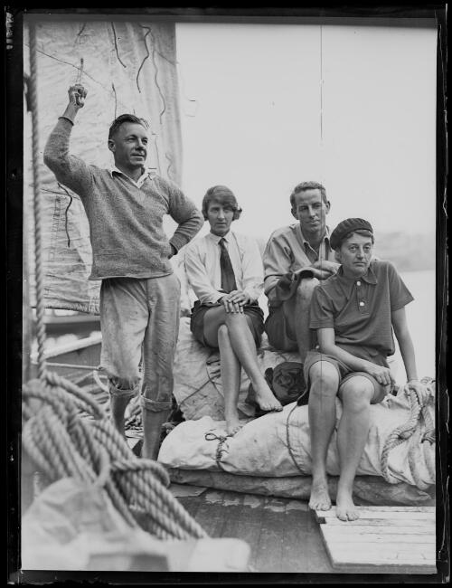 Four people on the yacht Gullmarn as it departs, New South Wales, 29 April 1932 [picture]