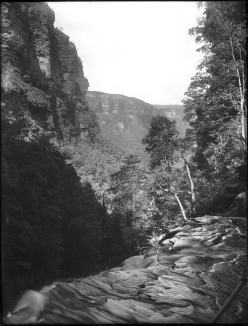Looking down the gorge above Empress Falls, Wentworth Falls [picture] : [Blue Mountains, New South Wales] / [Frank Hurley]