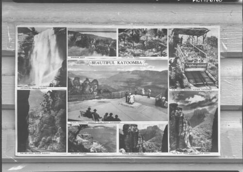 [Photo of postcard 'Beautiful Katoomba' depicting various highlights of the area] [picture] : [Blue Mountains, New South Wales] / [Frank Hurley]