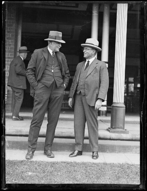 Mr H.L. Mackellar talking with Mr J. Law, New South Wales, ca. 1930s [picture]