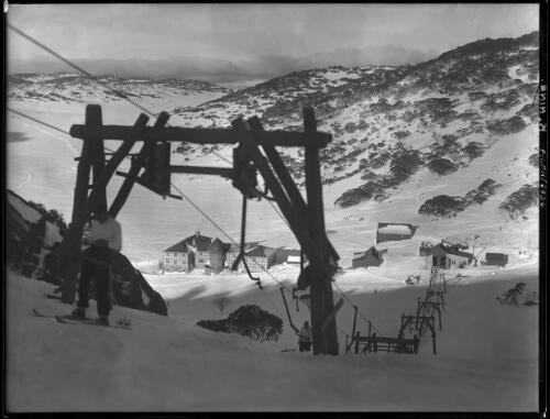 Chalet from Hill, big frame in foreground [Charlotte Pass] [picture] : [Kosciuszko, New South Wales] / [Frank Hurley]