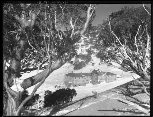 Vista of Chalet through trees [Charlotte Pass] [picture] : [Kosciuszko, New South Wales] / [Frank Hurley]