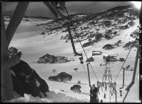Chalet & lift, from centre of lift [Charlotte Pass] [picture] : [Kosciuszko, New South Wales] / [Frank Hurley]