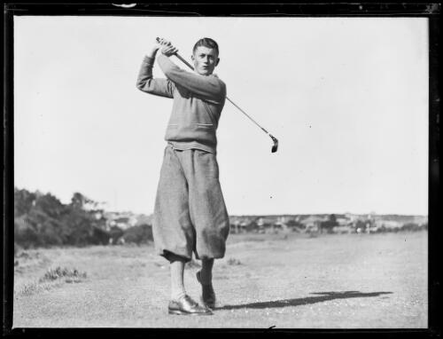 Amateur golfer H. Williams swinging a club, New South Wales, ca. 1930s [picture]