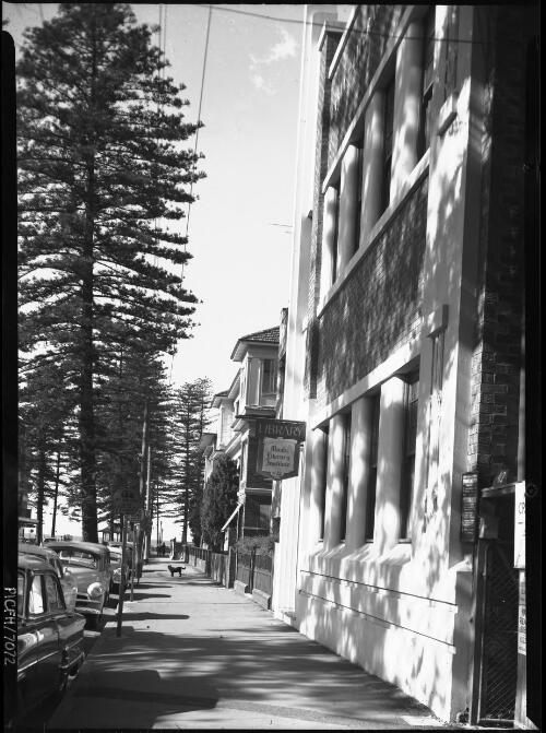 Manly Library [signage reads 'Manly Library Institute', vertical shot] [picture] : [Manly, New South Wales] / [Frank Hurley]