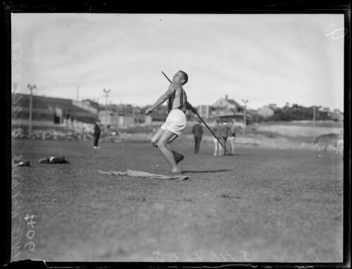 B.W. Shields throwing a javelin during Inter-Club Athletics, New South Wales, ca. 1930s [picture]