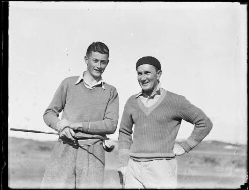 Golfers D. Garland and H. Williams holding golf clubs, New South Wales, ca. 1930s [picture]