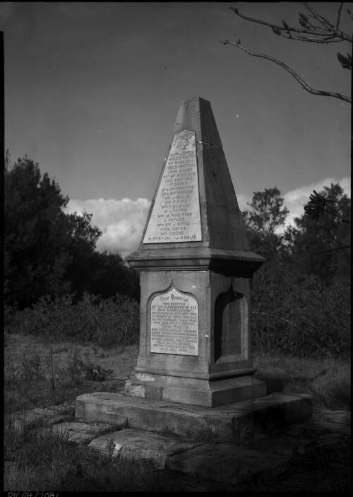 In Quarantine Reserve Manly [memorial to the passengers of the Constitution ship, arrived 1855] [picture] : [Manly, New South Wales] / [Frank Hurley]
