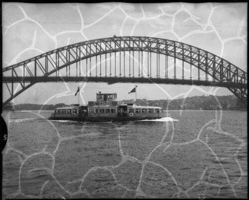 Ferry boats [the Kooleen with Sydney Harbour Bridge in background] [picture] : [Manly, New South Wales] / [Frank Hurley]