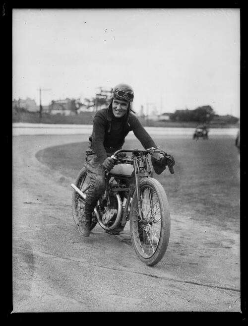 Motorcyclist Spencer Stratton riding a bike, New South Wales, ca. 1920s [picture]