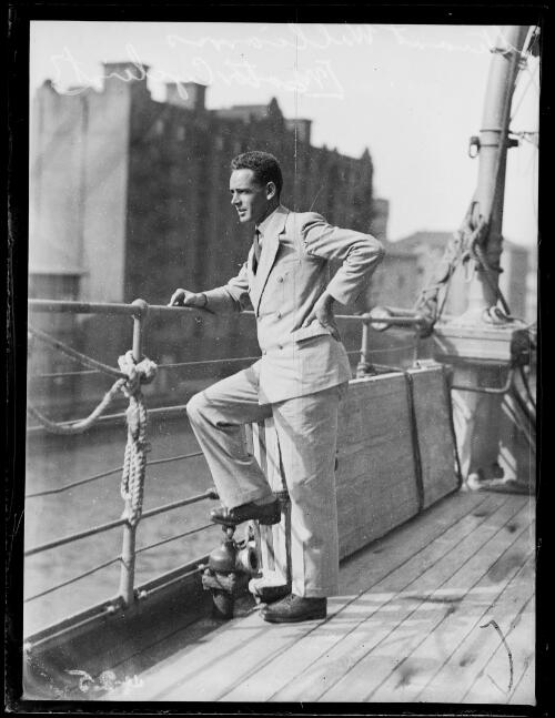 Motorcyclist Stuart Williams on the deck of a ship, New South Wales, ca. 1930s [picture]