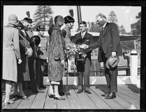 Lord and Lady Phillip Game being introduced to an unidentified man on a wharf, New South Wales, ca. 1930s [picture]