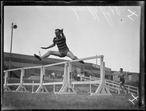 Athlete Mr R. Jeffrey jumping hurdles, New South Wales, ca. 1930s [picture]