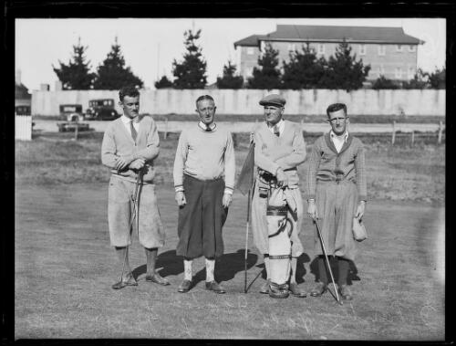 Golfers Mr H. Pattin, Mr L. Hall, Mr G. Eastway, and Mr L.B. Wines with their clubs, New South Wales, ca. 1930s [picture]