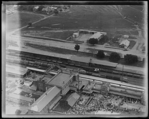 Aerial view of Junee railway station, township, and farmland, Junee, New South Wales, ca. 1920s [picture]