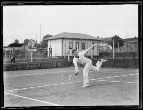 Tennis player F. O'Connor ready to hit a low forehand shot during a game, New South Wales, 27 October 1933 [picture]