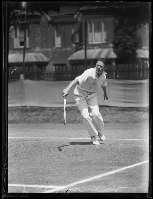 Tennis player F. O'Connor going for a low backhand shot during a game, New South Wales, 20 October 1933 [picture]