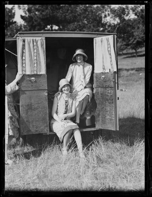 Joan and Betty Rayner sitting in their caravan in Centennial Park, Sydney, November 1929 [picture]