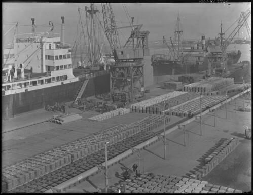 [Dock scene, cargo ships, horses, men loading and unloading produce, 1] [picture] : [Sydney, New South Wales] / [Frank Hurley]