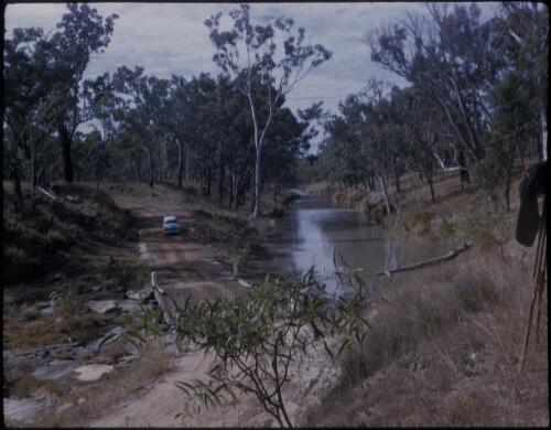 [Pale blue Holden? station wagon travelling besides a river, Northern Queensland] [transparency] / [Frank Hurley]