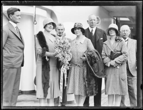 Prime Minister of Northern Ireland Lord Craigavon and his wife with a group of people on deck of the ship Otranto, New South Wales, 12 November 1929, 2 [picture]