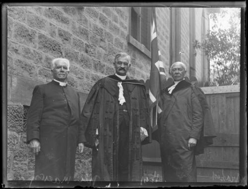Reverend H.R. Grassick and two ministers outside Scots Church, Sydney, December 1926, 1 [picture]