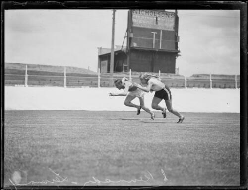 Australian athlete Clarice Kennedy and American athlete Leo Lermond sprint training, New South Wales, 11 January 1930 [picture]