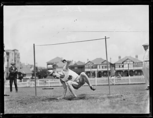 German athlete Gerhardt Emton landing from a high jump, New South Wales, 18 January 1930 [picture]