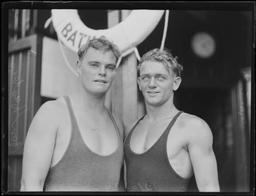 Ronald Masters of Victoria and H. Tickle of New South Wales wearing swimsuits, New South Wales, 12 February 1934 [picture]