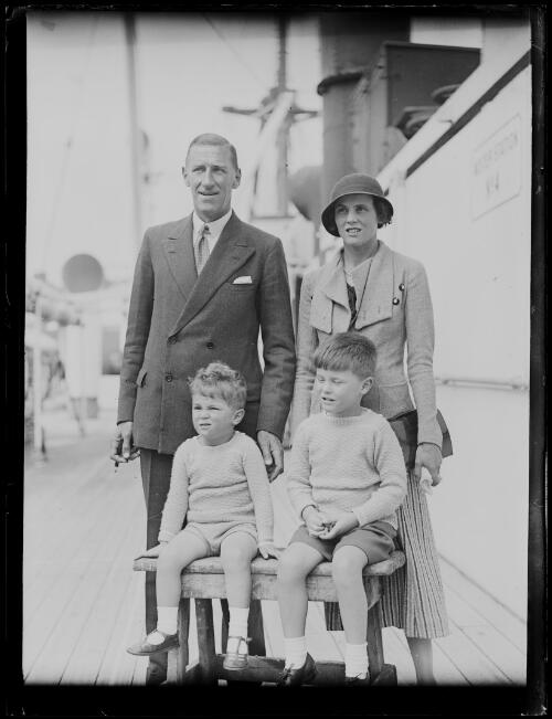Rear Admiral Randal Ford with his wife and two sons arriving on the ship Anchises, New South Wales, 5 April 1934 [picture]