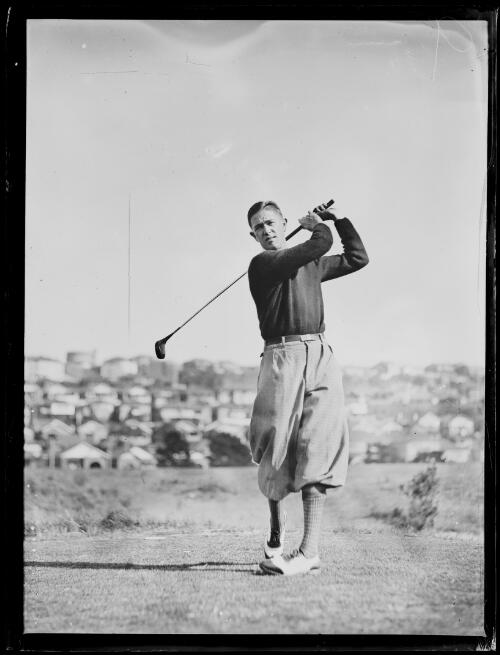 Golfer Mr S.A Keane swinging his club during a game of golf, New South Wales, ca. 1930 [picture]
