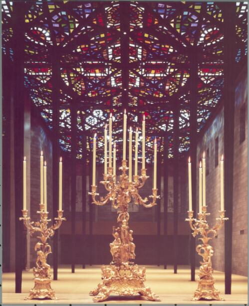 Gold candelabras in the great hall of the National Gallery of Victoria, ceiling by Leonard French, Melbourne, 1968 [picture] / Wolfgang Sievers