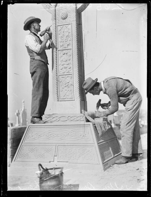 Two stone masons working on Sir Walter Davidson's Memorial, New South Wales, 1925 [picture]