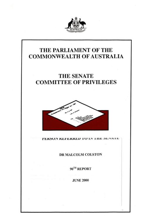 Person referred to in the Senate : Dr Malcolm Colston / The Parliament of the Commonwealth of Australia, The Senate, Committee of Privileges