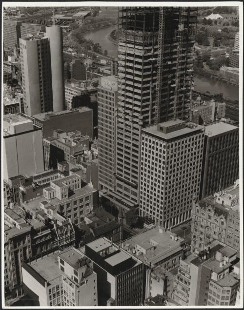 [View from the roof of the BHP Building of] central Melbourne, corner of Collins and Queen Streets, 1973 [picture] / Wolfgang Sievers