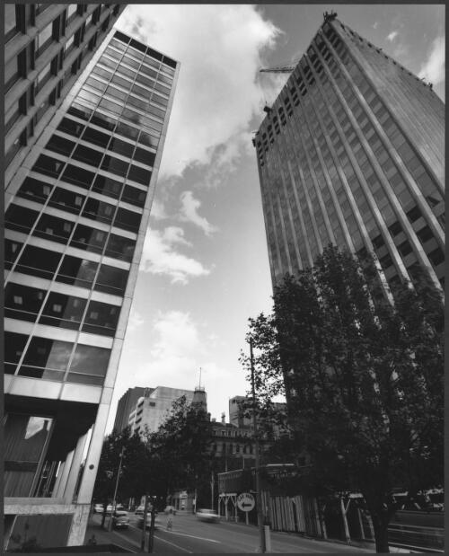 Bourke Street, with Shell building on the left, and AMP-St. James building under construction on the right, Melbourne, Victoria, 1969 [picture] / Wolfgang Sievers