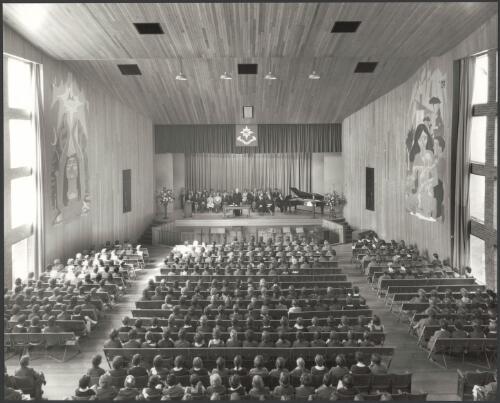 [Assembly hall with pupils at] Methodist Ladies' College, Kew, Victoria, 1962 [1] [picture] / Wolfgang Sievers